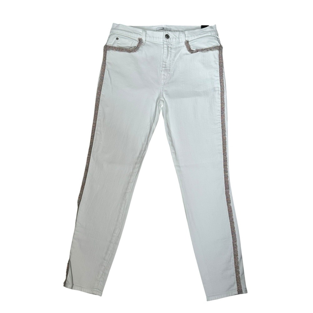 7 For All Mankind White High Waist Ankle Fringe Seam Skinny Jeans Sz 32
